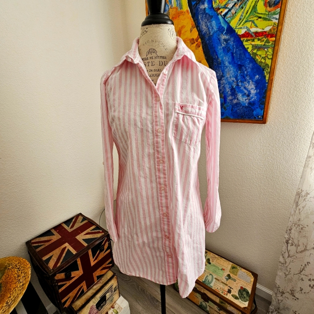 Victoria's Secret Pink White Striped Cotton Sleep Shirt Nightshirt - Small